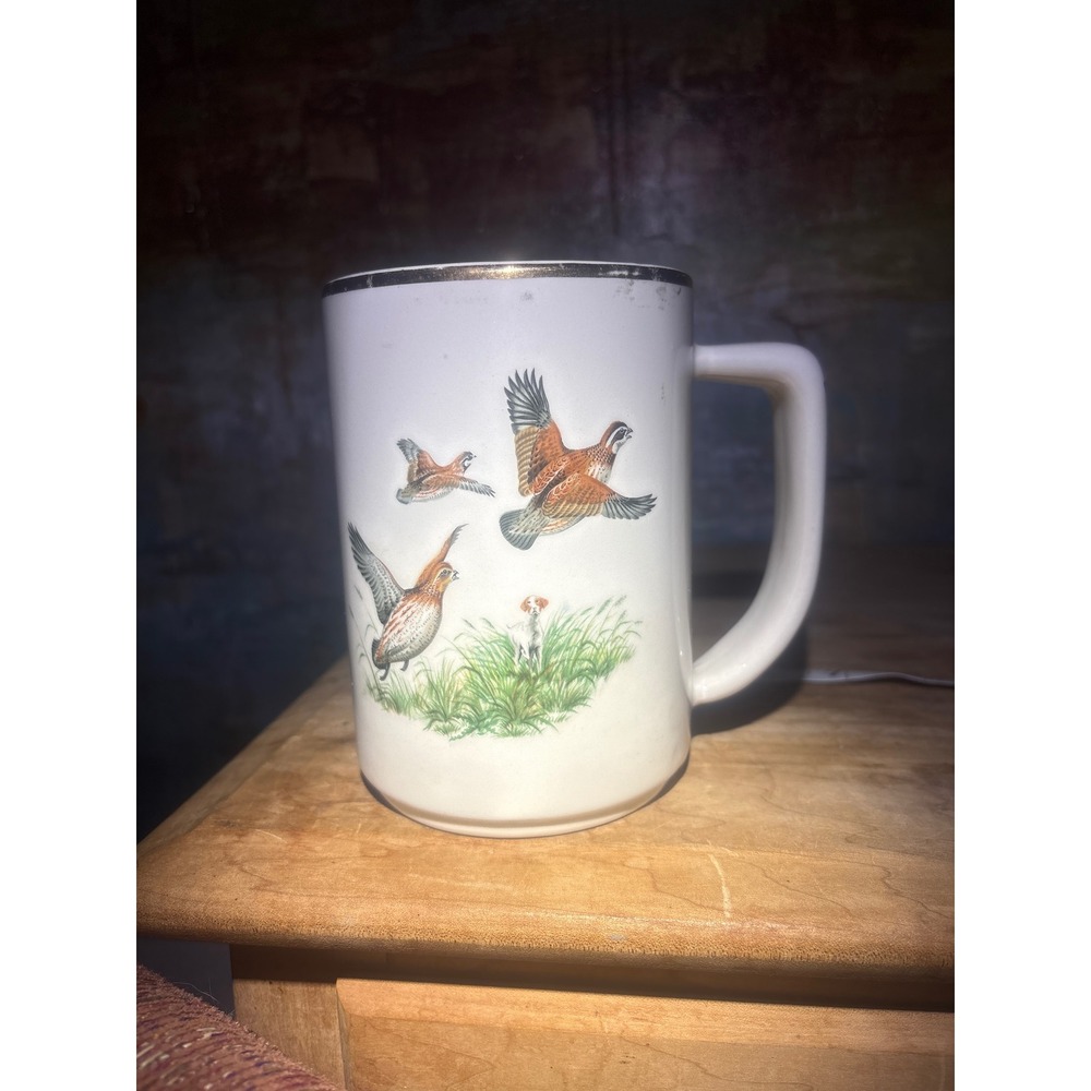 Vintage Stanford Sebring Co Quail Hunting Dog Ceramic Mug Gold Trim Made in USA